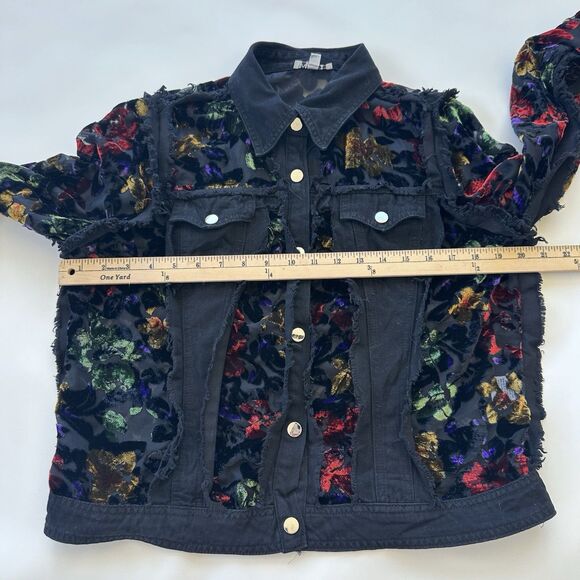 Adore Denim Sheer Panel Embroidered Velvet Floral Fringe Jacket Small Black - Picture 9 of 13